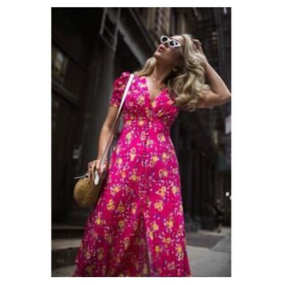 Saloni Lea Silk Pink Floral Button-Front Midi Dress Puff Sleeves US 0 Feminine - Picture 5 of 16